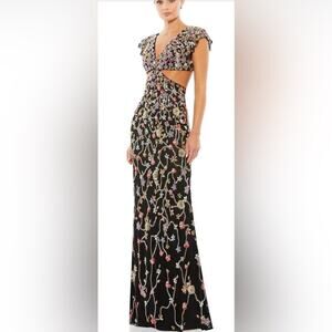 Mac Duggal Embellished Cut Out Ruffled Cap Sleeve beaded lace up back gown 5564